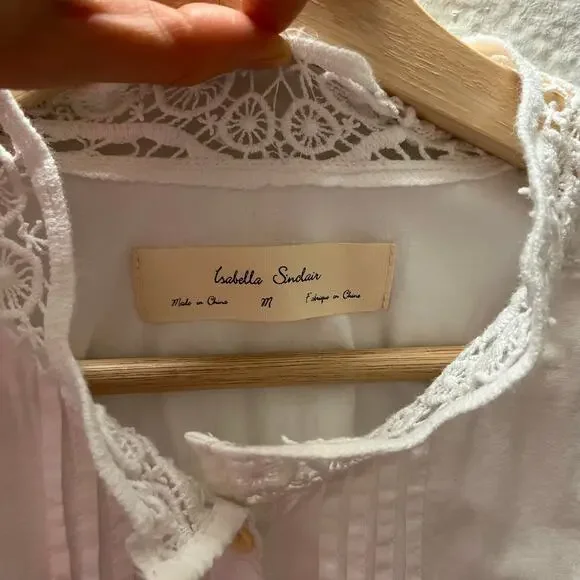 Anthropologie Isabella Sinclair White Embroidered Lace Blouse Button Up Boho M - Picture 5 of 11